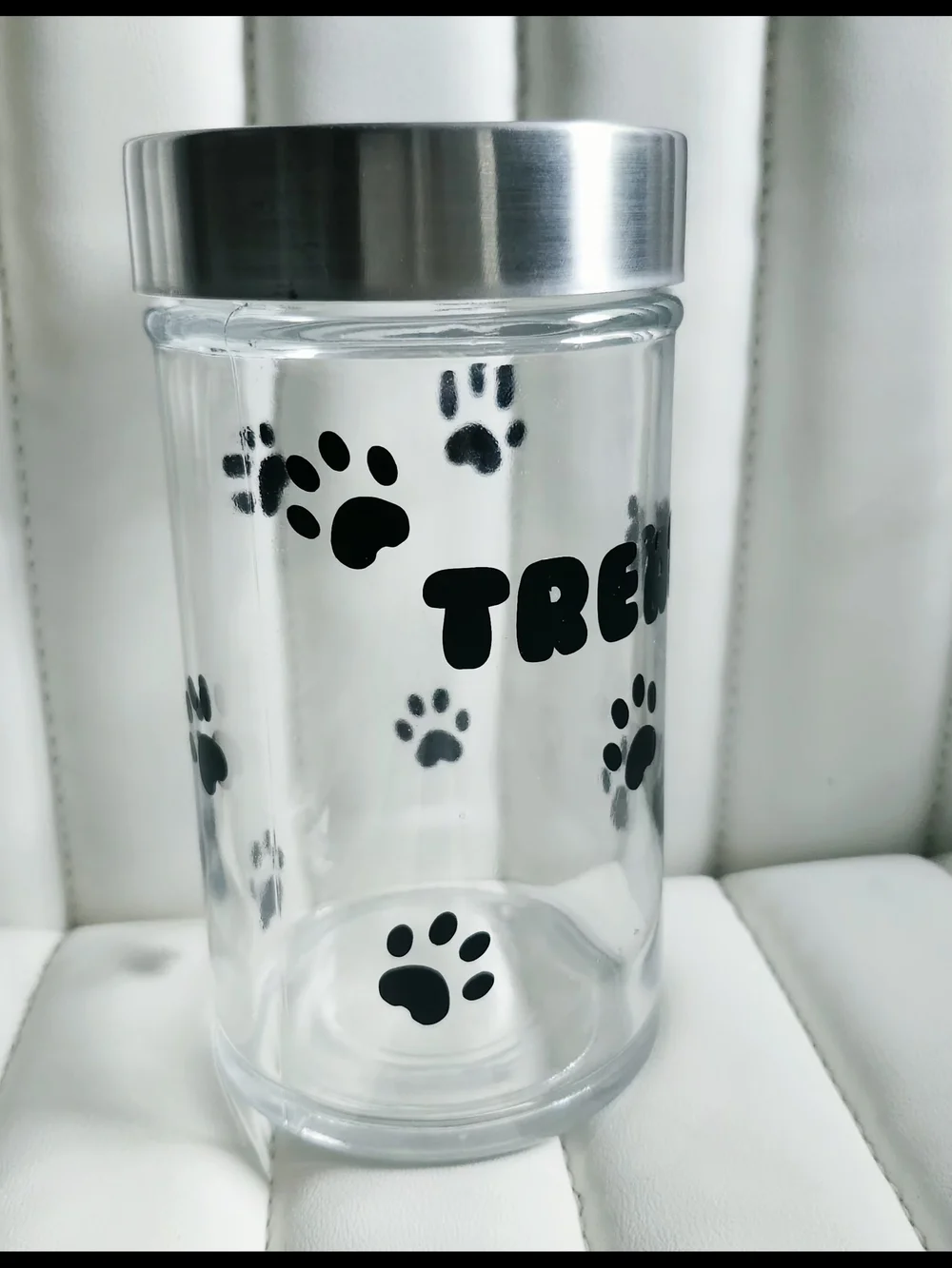 Dog Treat Jar with Silver Lid - Clear Glass Black Paw Print Design
